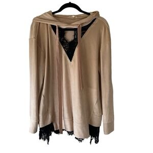 Entro Hoodie Sweater Womens Size M Pink Velour Top Pullover Black Lace